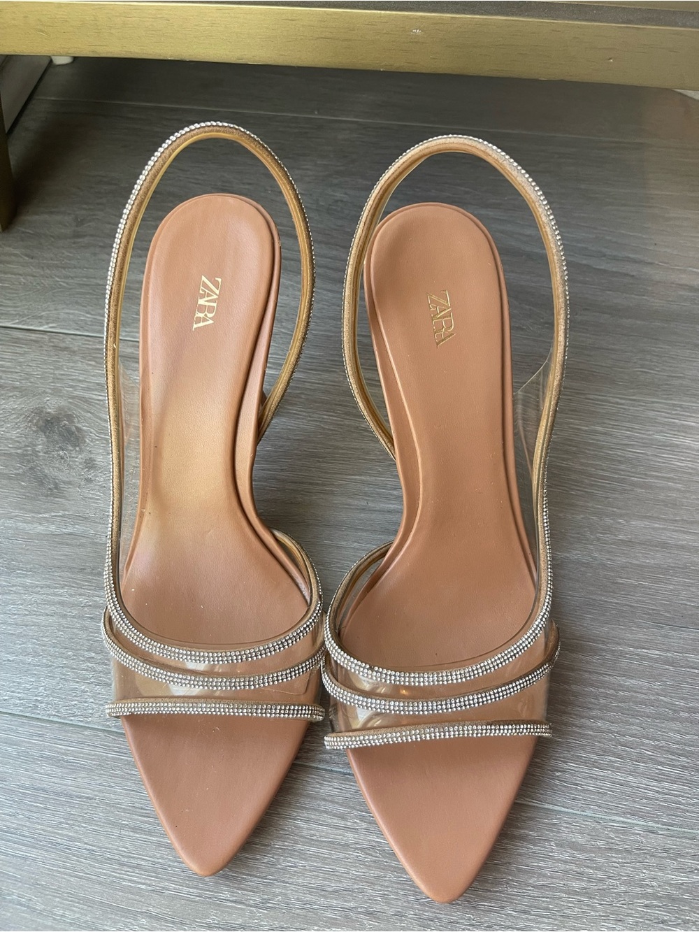 Zara rhinestone tan Pointed Slingback Heels with Crystal Straps